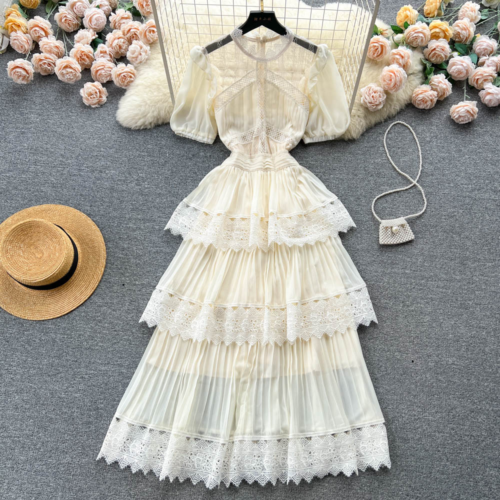 chinese dress ladies Rosa Beige Dress with Lace Short Sleeve Ruffle Summer XL
