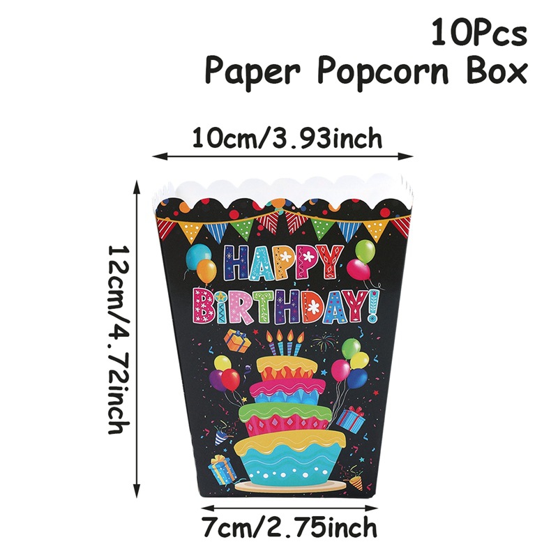 H8024-84 Boîte à pop-corn gâteau noir joyeux anniversaire 10pcs