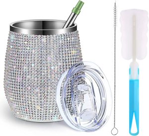Bán Hàng Nóng 12Oz Blingbling Hình Rượu Vang Cốc Kid Mug Rhinestone Ánh Sáng Trọng Lượng Nóng Lạnh Nhiệt Nắp Nước Rượu Vang Bán Buôn - Product Image 5