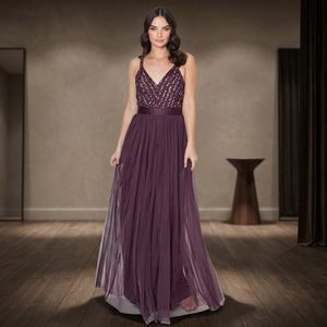 Robe de Demoiselle d'Honneur Classique LUXE à Manches Courtes, Col en V, en Chiffon Jaune avec Appliques de Dentelle, Élégante, Coupe A-Line, Longueur au Sol, avec Soutien-Gorge Intégré - Product Image 3