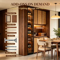 Meuble bar moderne et minimaliste sur mesure, éco-responsable, avec porte en rotin et vitrine à vin, support à verres LED intégré pour salle à manger
