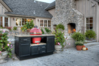 Kejia Vente en gros bon marché Armoires de cuisine extérieure Île de barbecue Table en marbre Armoire de cuisine extérieure en bois avec four
