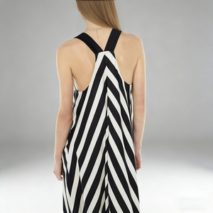 فستان ماكسي طويل أنيق للنساء مخصص حسب الطلب، مناسب للصيف والشاطئ والحفلات، مصنوع من الفيسكوز، بخطوط سوداء وبيضاء، ياقة على شكل V، بدون أكمام - Product Image 3