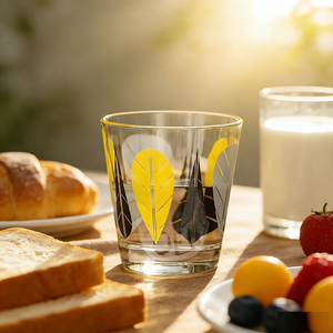 Tasse en verre transparente au design élégant de feuilles jaunes et grises, parfaite pour la maison et les cafés - Product Image 2