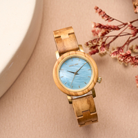 Jam Tangan Wanita Mewah 2026 dengan Gerakan Quartz Miyota, Tali Kayu Zaitun, Gaya Bisnis Fashion, Warna Biru Kecil dengan Dial Penunjuk.