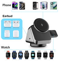 Estación de carga inalámbrica magnética 3 en 1 de 15W con rotación, diseño innovador y desmontable para teléfono, auriculares y reloj.