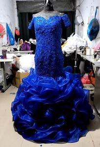 2024 Stunning Off Shoulder Short Sleeve African Blue Mermaid <strong>Wedding</strong> <strong>Dress</strong> Cascading Ruffles Beaded Lace Plus <strong>Size</strong> Bridal Gown - Product Image 2