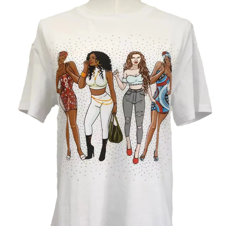 니트 티셔츠 짧은 소매 흰색 봄 여름 여성 캐주얼 티셔츠 여성 의류 다이아몬드 두꺼운 면 티셔츠