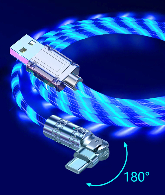 1m 180 Degree Rotate Rotating Flowing Light Led Cable Charger Usb Phone Power Charging Cable With Led Light