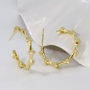 Personalized Fashion Jewelry Bulk Women 18K Gold Plated Zirconia C Shape Half Hoop Bamboo Earrings