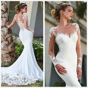 Wedding Dress Mermaid Lace Long Sleeve Illusion Back White Bridal Gown - Product Image 1
