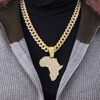 Style européen NL2132 Collier pendentif carte africaine en alliage de zinc plaqué or avec strass hip hop et maillon cubain glacé