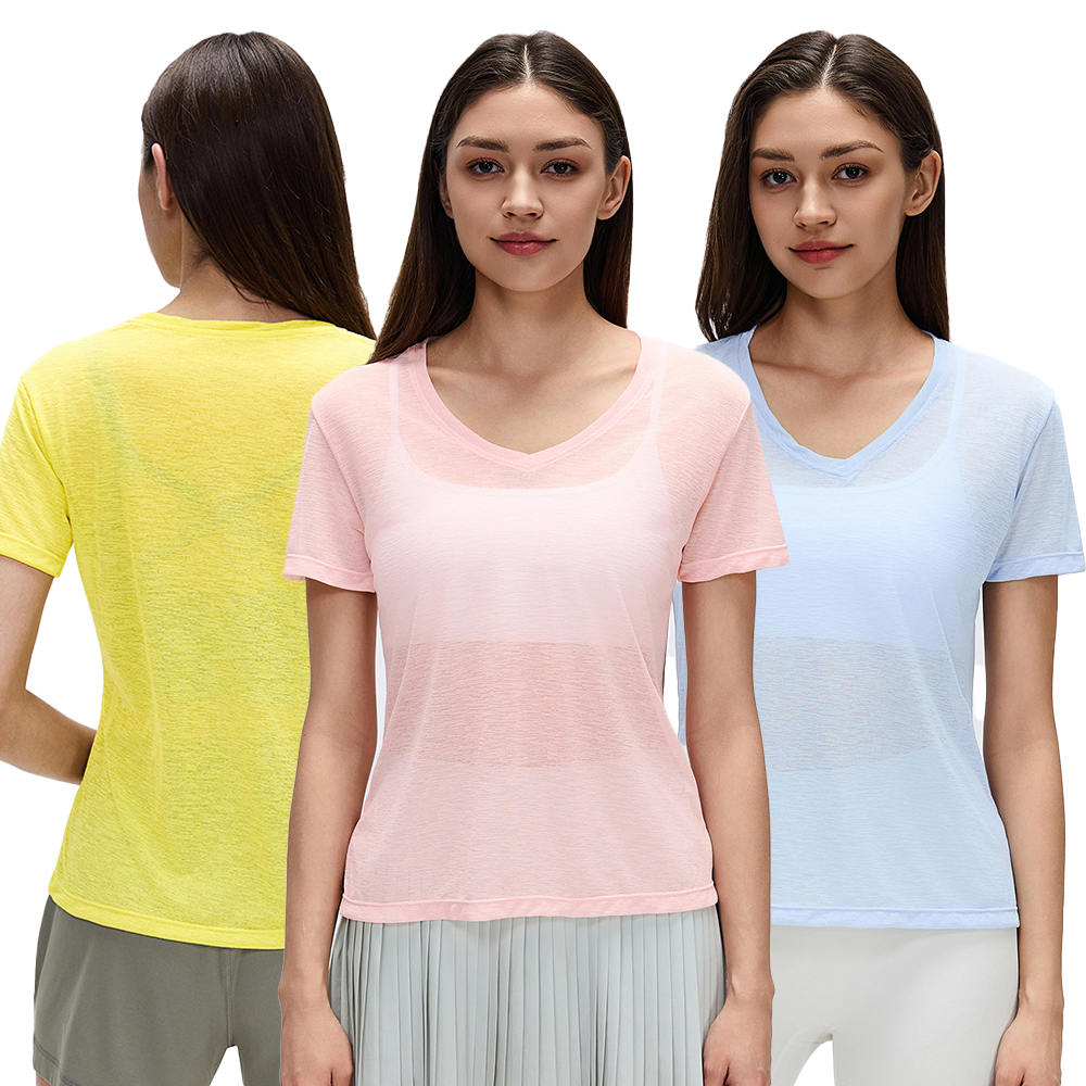 Summer Women's High Quality Loose Fit V-Neck Soft Breathable Yoga T-Shirt Gym Casual Wear Short Sleeve Top