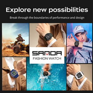 Montre électronique SANDA 3391 en forme de baril à double affichage, compte à rebours, triple fuseau horaire, montre de mode lumineuse, étanche et avec alarme - Product Image 6
