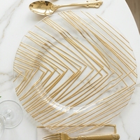 Assiettes de présentation en verre transparent de 13 pouces avec motif géométrique doré – Vaisselle décorative pour mariages, banquets et événements à domicile