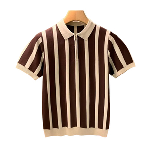 Populaire décontracté pull ample à manches courtes tricot hommes t-shirt été col rond rayé vertical tricot hommes Polo - Product Image 2