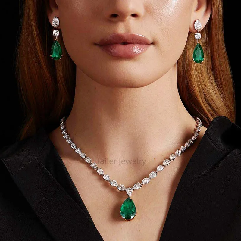 Hailer joyas 10k 14k 18k pear green stone moissanite jewelry emerald pendant gold jewellery sets