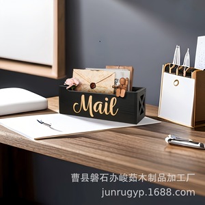 Wooden Desktop Storage <b>Box</b> Rectangle Engraved Mail Label Office Organizer Stationery <b>Pen</b> Holder Desk Clutter Solution - Product Image 3