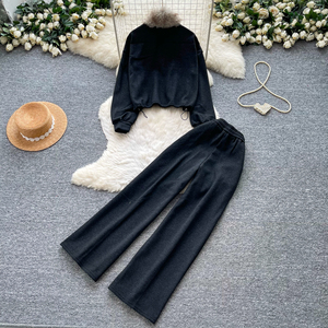 Conjunto de chándal de 2 piezas para mujer de invierno con cuello de piel sintética, sudadera de media cremallera y pantalones de chándal de pierna ancha con cordón, conjunto informal para estar en casa - Product Image 4