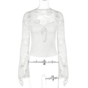 Wholesale 2026 Spring Hot Selling Women's Fashion Sexy Lace <strong>Patchwork</strong> See-Through Strappy Long Sleeve Blouses and <strong>Tops</strong> - Product Image 5