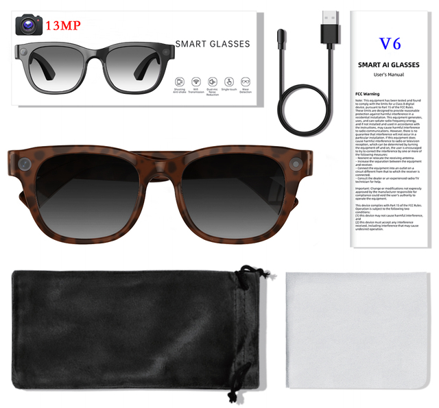 V6 Smart AI Glasses 13MP Camera EIS Physical Image Stabilization Ultra HD 1080P Video Recording AI Translation Calling