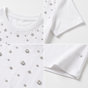 เสื้อยืดกราฟิก Y2K แบบขายส่ง OEM/ODM รุ่น 7715 เสื้อครอปแขนสั้นประดับเพชรเทียมแบบกำหนดเอง เสื้อยืดเบสิคสำหรับผู้หญิง เสื้อผ้าเด็ก - Product Image 4