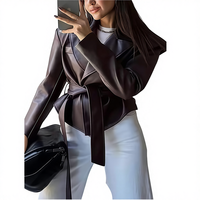 En stock, nouvelle veste en PU et polyester à col court de style européen et américain, ceinture à la taille, style rétro, élégante, pour femmes, 2 couleurs