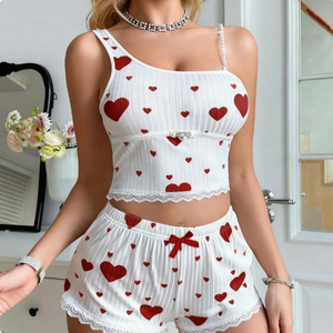 P038 <span class=keywords><strong>Pigiama</strong></span> da Donna in Due Pezzi Stile Europeo con Stampa Love, Pantaloncini con Bretelle e Perline, <span class=keywords><strong>Pigiama</strong></span> Sexy <span class=keywords><strong>Bianco</strong></span> con Canottiera e Pantaloncini - Product Image 3