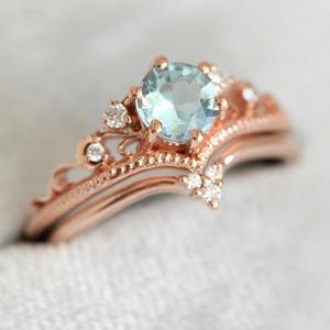 925 Silver aquamarine Women's Engagement <b>Ring</b> With Round Topaz And Diamond Pave Crown Setting Romantic Style - Product Image 1