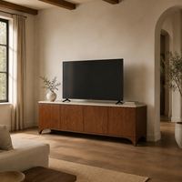 Meuble TV moderne et minimaliste avec plateau en pierre, base arquée sans poignées, 4 portes, en bois, avec plateau en travertin pour salon