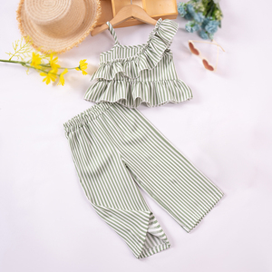 Offerta Estiva: Set di Abbigliamento per <span class=keywords><strong>Ragazze</strong></span> 2 Pezzi, Top Corto e Pantaloni Larghi con Motivo a Righe, Moda Elegante per Bambine - Product Image 3