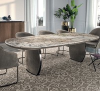 Ensemble de table à manger extensible moderne en acier inoxydable doré avec plateau en marbre et revêtement en cuir, 8 places, mobilier de luxe ovale pour la maison et l'hôtel