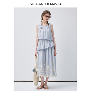 VEGA CHANG Abito Midi a Strati Azzurro per Donne con Scollo Senza Maniche e Orlo con Ricami Floreali, Vestito Casual Boho - Product Image 3