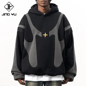 Streetwear vente en gros pull 100% coton Hoddie hommes haute rue couleur patchwork broderie double couche à capuche