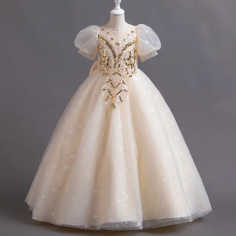 Sommer kurze Ärmel lange Ballkleid Pailletten Mieder Spitze Applikation Kinder Party Mädchen Kleider für Kinder