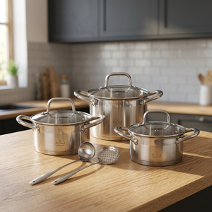 Set di Pentole in Acciaio Inox 18/0 da 8 Pezzi, Design Minimalista, Compatibile con Induzione, Coperchi in Vetro, Lavabile in Lavastoviglie, Adatto al Forno, Utensili Inclusi - Product Image 3