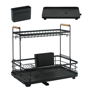 رف تجفيف الأطباق للمطبخ بطبقتين مع صينية تصريف وخرطوم قابل للفصل، حامل أدوات من الحديد الأسود - Product Image 3