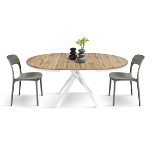 Gabri Extendable <b>Round</b> <b>Table</b> 120-170 Cm Rustic Oak Melamine Top <b>White</b> Iron Base Indoor Dining - Product Image 1