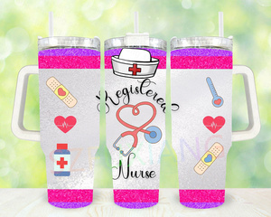 Vaso IND de dibujos animados personalizado con aislamiento portátil del Día DE LAS Enfermeras de estilo americano de 40oz con mango y pajita - Product Image 4