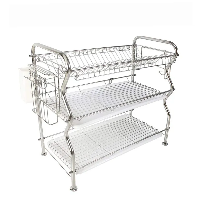 3 Tier Plate Dish Dry Stand 304 Stainless steel Kitchen Sink Drain Dish Drying Rack With 4 Feet Chopsticks Basket