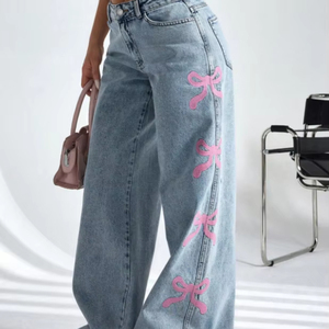 Novedad 2025 Para <span class=keywords><strong>Shein</strong></span>, Jeans Holgados de Pierna Recta con Bordado de Lazo, Explosión de Ventas Transfronteriza Estilo Europeo y Americano, Pantalones de Mezclilla Vintage Casuales - Product Image 1