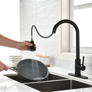 Robinet de cuisine noir en acier inoxydable avec douchette extractible, monotrou, à poser sur comptoir, usage commercial, design minimaliste - Product Image 6