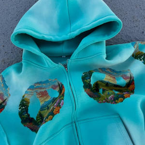 Sudadera con Capucha Corta de Estilo Urbano, Color Azul <span class=keywords><strong>Cielo</strong></span>, Estampado Digital en la Parte Delantera, Preencogida, Suave, de Felpa Francesa, con Dobladillo Acanalado de Alta Calidad y Cierre de Cremallera - Product Image 3