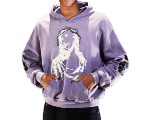Sweat-shirt à capuche surdimensionné violet pour homme en coton French Terry avec imprimé Jésus, pull décontracté d'automne avec poche avant - Product Image 1