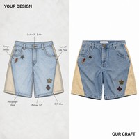 Shorts en jean pour homme à jambes larges personnalisés, 100% polyester, bleu clair, patchwork kaki, patch brodé, séchage rapide, écologique