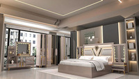 Lit king size moderne de luxe, tête de lit en MDF brillant, ensemble complet de 5 pièces, meubles de chambre à coucher en bois
