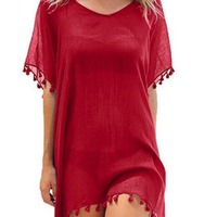 Robe d'été transfrontalière pour femme, en polyester et mousseline, à épaules dénudées, avec pompons, grande taille, coupe ample, ensemble de plage pour couple, paréo