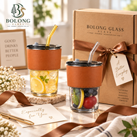 Gobelet en verre moderne personnalisé avec logo, manchon pour paille, 450 ml, ambre, gris fumé, transparent, réutilisable, écologique, cadeau, rentrée scolaire, micro-ondes