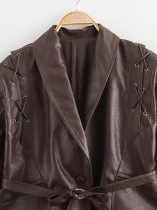 Chaqueta corta de cuero PU con estilo para mujer, Moda de Primavera, estilo callejero, chal, cuello, botón a prueba de viento, <span class=keywords><strong>faja</strong></span>, chaqueta de cuero para mujer - Product Image 5