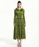 Robe plissée élégante pour femme, printemps-automne, taille naturelle, mi-longue, ceinture, décoration florale unie, col rond, manches longues, patchwork